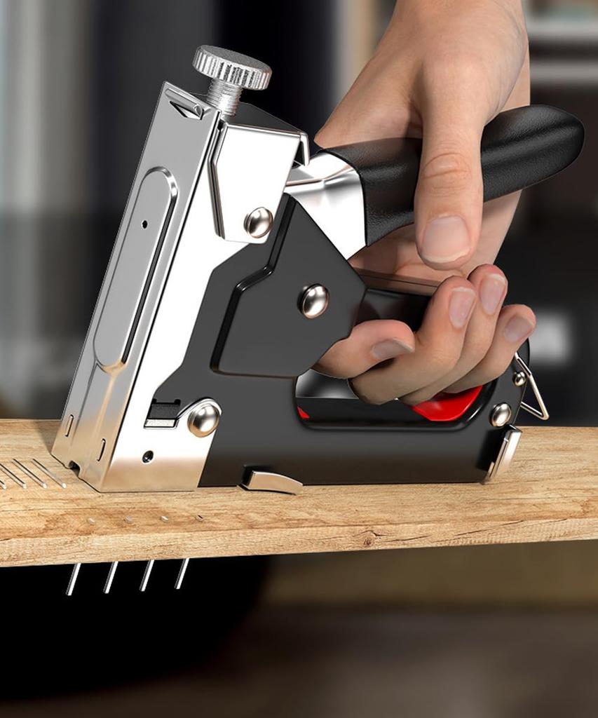 Heavy-duty manual stapler and hand stapler set with U-, I-, and U-shaped staplers. Ideal for DIY projects, wiring, and wood backing. Includes a staple