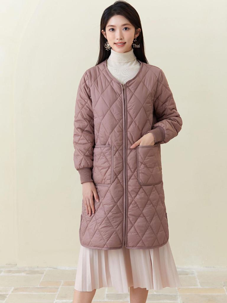 Women's Quilted Long Cotton Coat with Fur-Trimmed Sleeves 2401