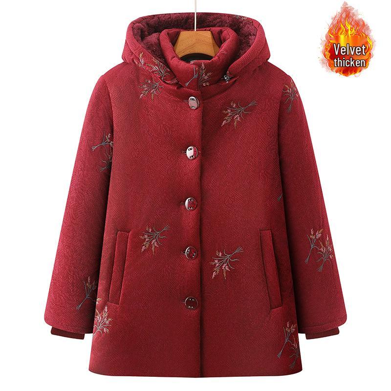 Grandma s Embroidered Velvet Hooded Jacket - Thick, Warm Cotton Padded for Middle-Aged and Elderly Women 4XL красный