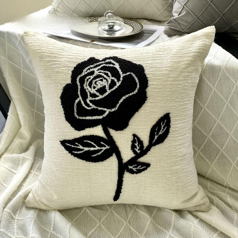 Light Luxury Chenille Embroidered Rose Pattern Decorative Pillow Cushion Soft Sofa Backrest Cushion Cover for Bedroom Home Decor
