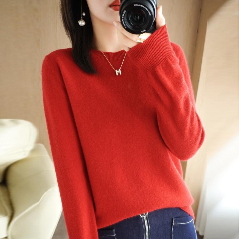 Women's Slim-Fit Round Neck Knitted Pullover, Long Sleeve, Base Layer for Spring/Autumn 2023, Non-Cashmere Top