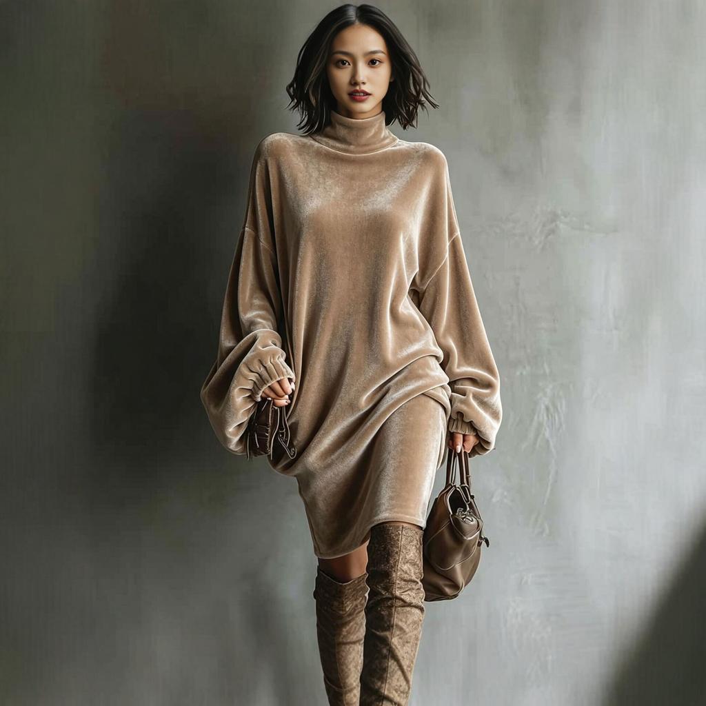 European and American Velvet Turtleneck Loose Dress Women's Long-sleeved Retro Casual Fashion Temperament Commuter Medium and Long Dress