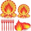 125 Pcs Fire Party Supplies Include 50 9 and 7 Inches Paper Fire Plates 50 Disposable Flame Cocktail Napkins 25 Red Plastic Forks for Firefighter