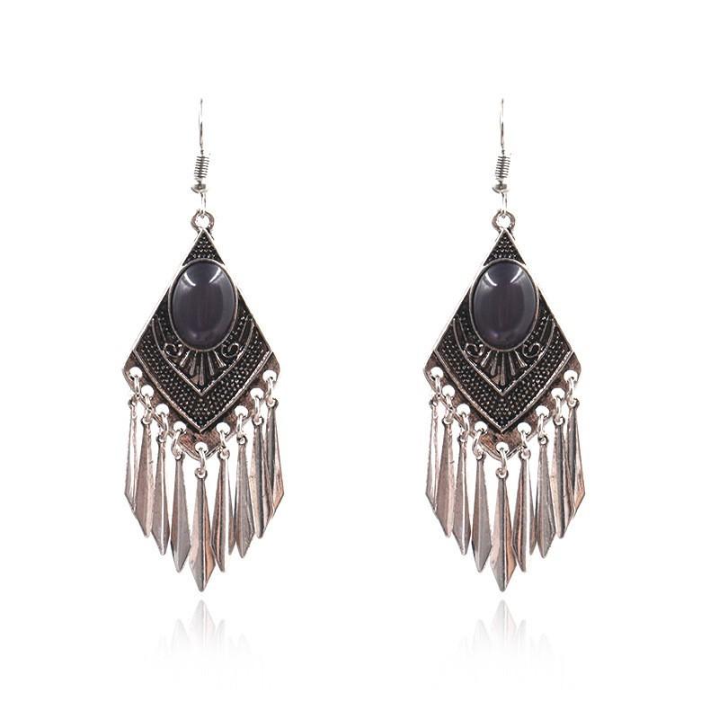GemChic Women's New Vintage Rhomboid Natural Stone Long Tassel Fringe Earrings Ethnic Fashion Hook Earrings Birthday Christmas Jewelry Gift