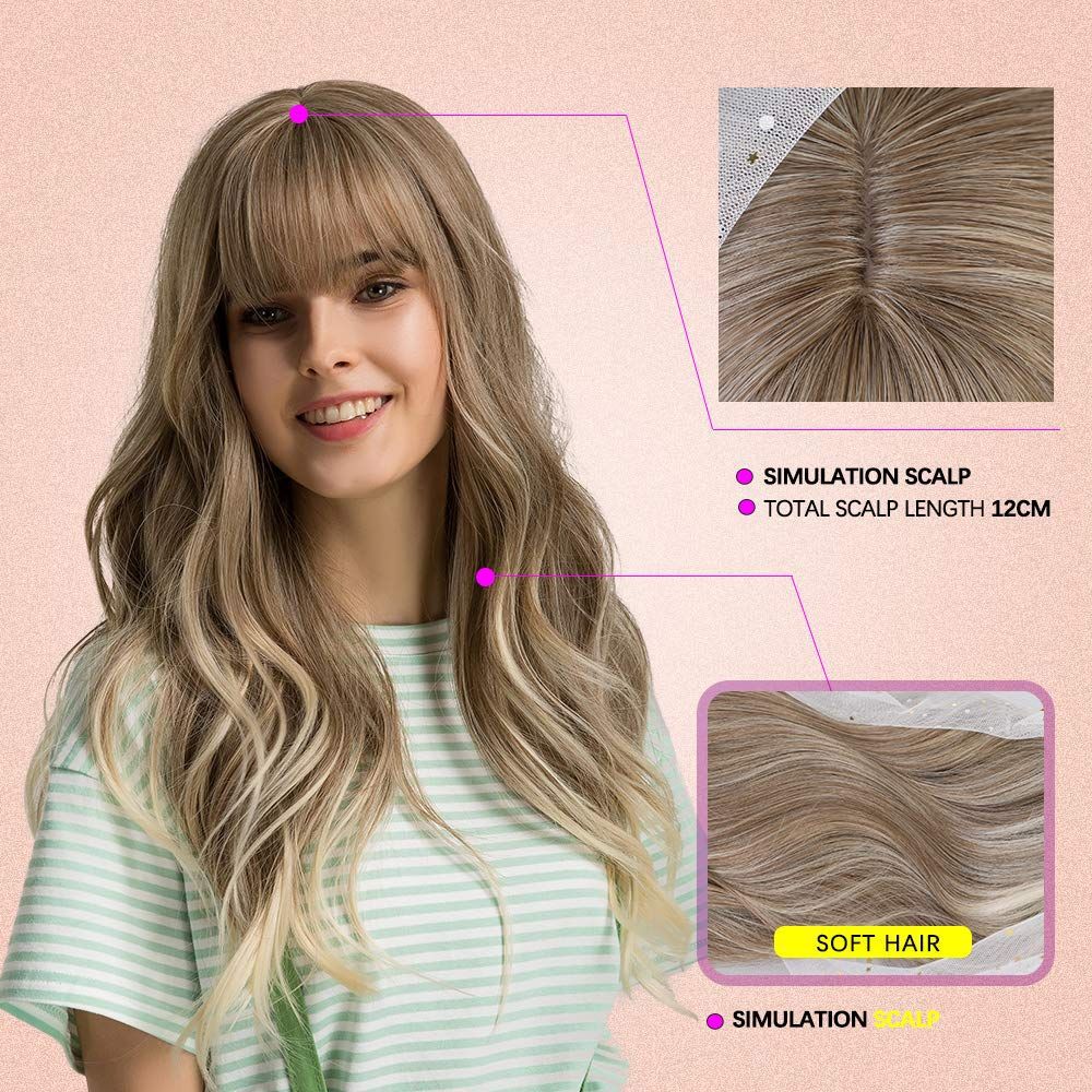 Long Fluffy Wave Blonde Wigs with Bangs Lolita Cosplay Natural Ombre Synthetic Wigs for Women Heat Resistant Fibre