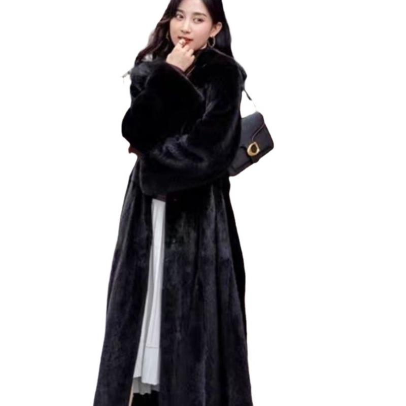 Winter new fur coat women's plus long knee loose hooded belt high feeling imitation mink coat