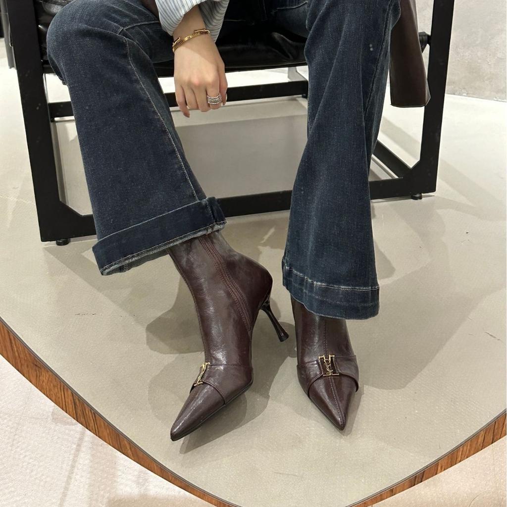 2025 autumn and winter new brown pointed metal buckle high heel thin boots women's soft leather short boots