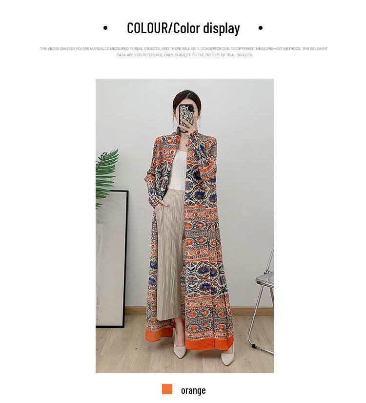 Pleated Retro Print Trench Coat: Women's High-End Loose Tie-Waist Spring & Autumn Muslim Robe Cardigan.