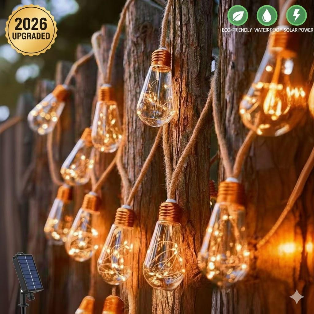 Solar Outdoor String Light Vintage Hemp Rope Garden Decor Lamp 7M 16Bulb Waterproof Fairy Light for Patio Gazebo Fence Yard