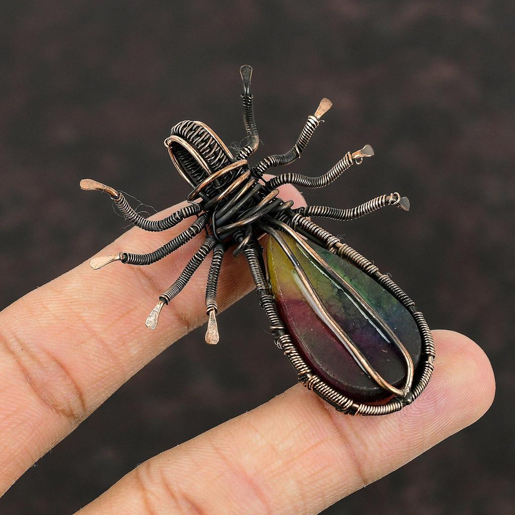 Regenbogen Solarquarz Druzy Anhänger Kupferdraht umwickelter Anhänger Handgefertigter Kupferschmuck Spinnenanhänger Zum Verschenken Edelsteinanhänger Für Sie