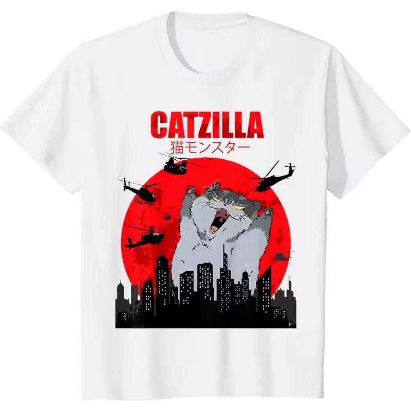 Mens Clothes Tee T-Shirts Men Tshirt for Men Funny Cute Art Japanese Cat Graphic Cat Lover Catzilla Cotton T-Shirt