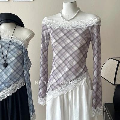French One-line Slope Neck Off-shoulder Two-wear Plaid Sunscreen Shirt for Women Autumn Lace Trim T-shirt Top