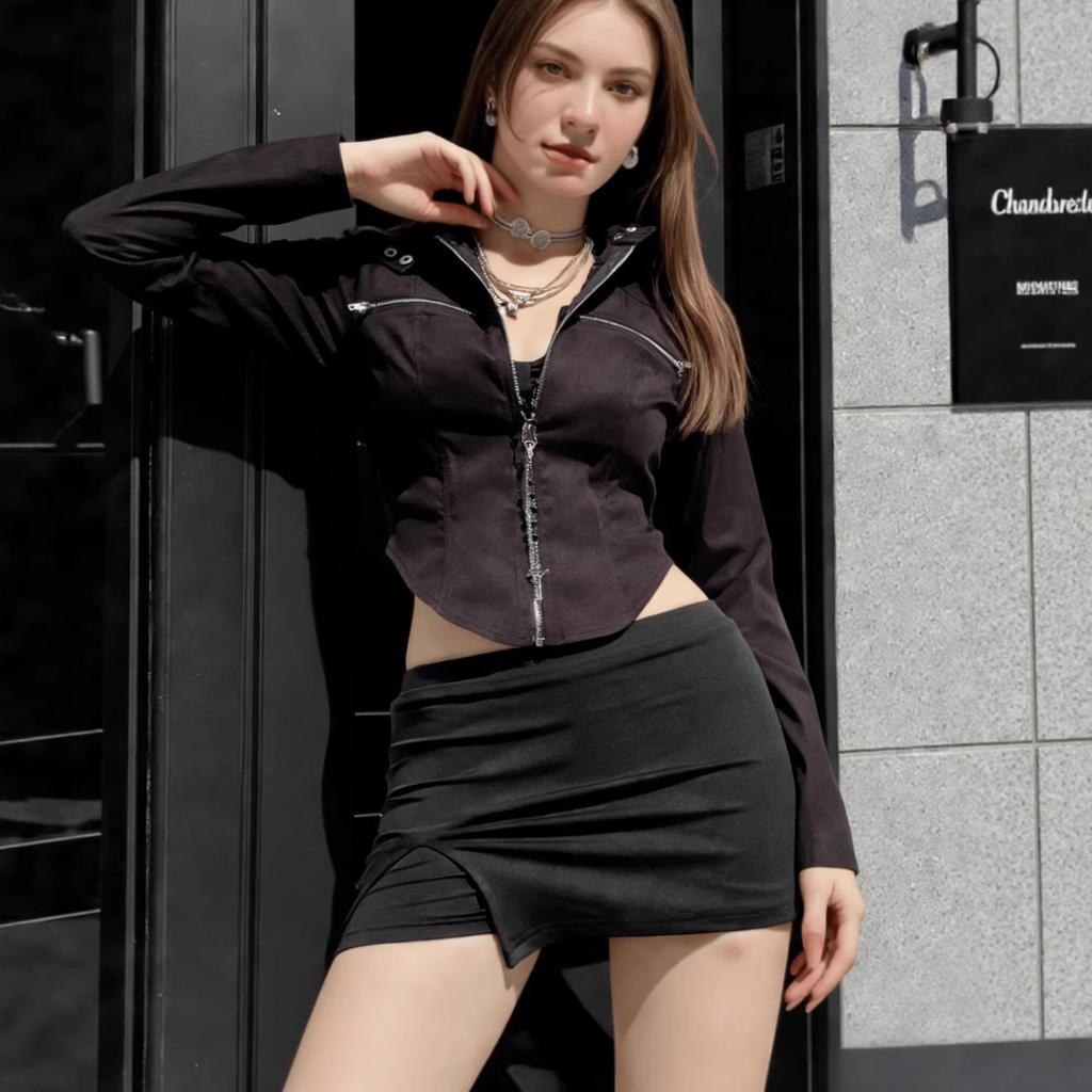 Women S Street Style Cropped Irregular Hem Zip Up Stand Collar Jacket
