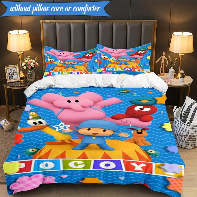 3-teiliges Pocoyo's Buntes Abenteuer Bettwäsche-Set 2D-Druck (Enthält 1 Bettbezug + 2 Kissenbezüge Ohne Füllung), Schlafzimmerdekoration, Ventilatorgeschenk