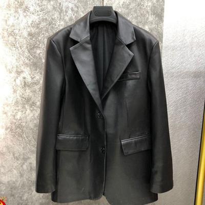 Chic and Sophisticated Faux Leather Suit Blazer, High-End and Elegant, Minimalist Design, Mid-Length Casual Jacket