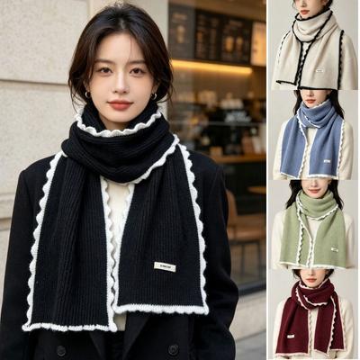 Korean Design Knitted Scarf Warm Lock Edge Winter Scarf Soft Contrast Scarf Outdoor Skiing