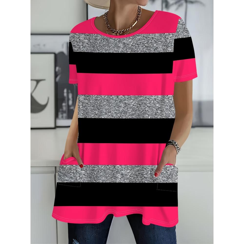 Striped Short-Sleeve T-Shirt for Women, Loose Fit Casual Top, Fashionable and Versatile Simple S