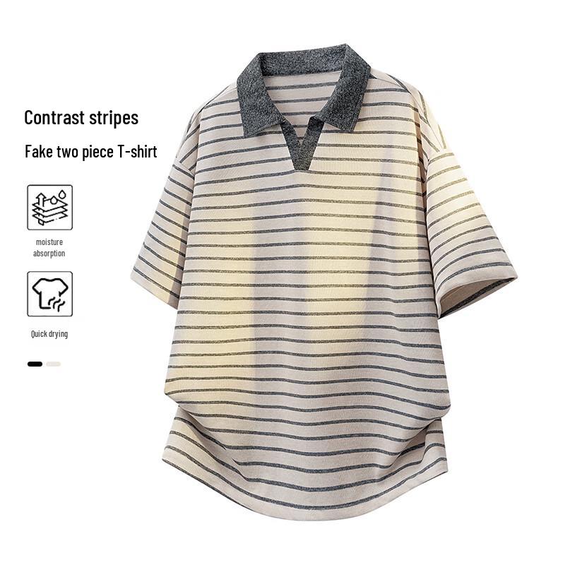 MEDE Striped Retro V-Neck Polo T-Shirt 5XL