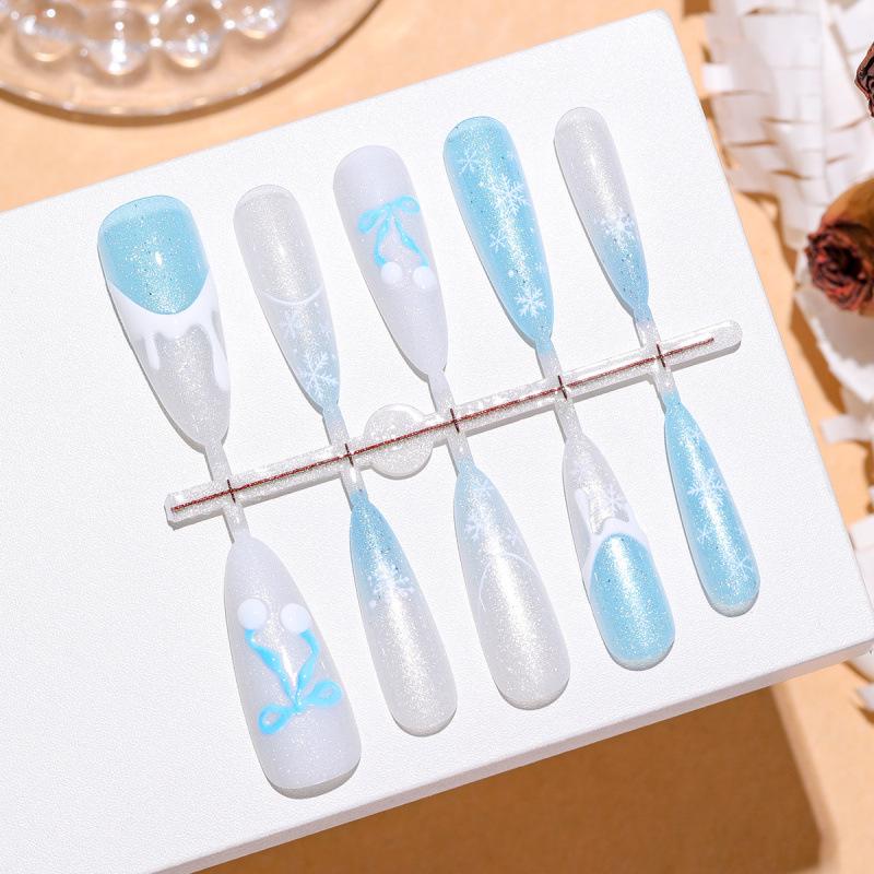 Winter Romance Snowflake Bow Almond Cat Eye Nail Stickers - 30 Pieces