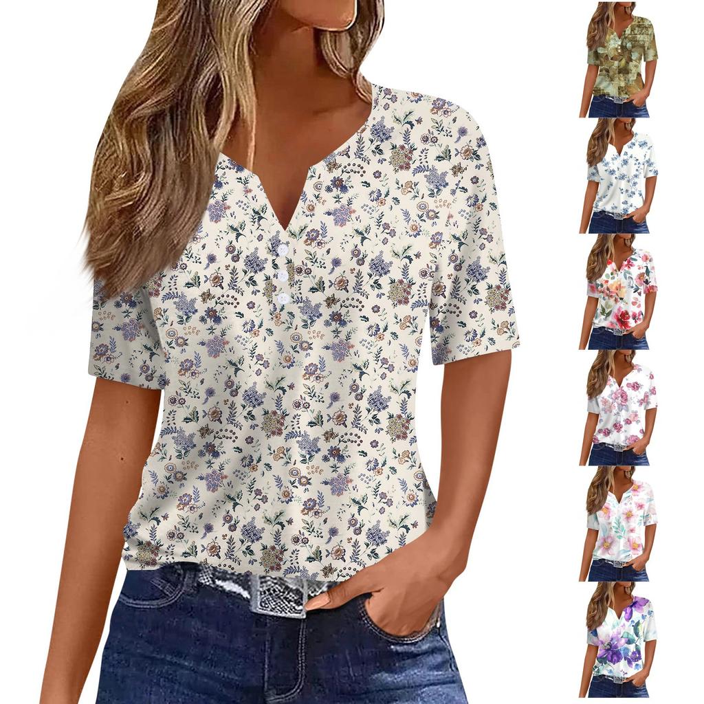 Damen-T-Shirt, T-Shirt, bedruckt, Knopfleiste, kurzärmelig, für den Alltag, Wochenende, modisch, Basic, V-Ausschnitt, normales Oberteil