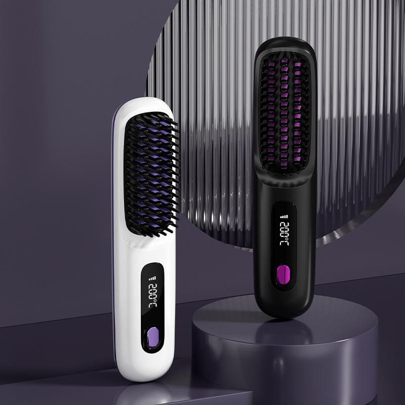 Wireless Hair Straightener Brush 2-in-1 Curling & Straightening Ionic Technology Fast Heating Portable Styler with LCD Display