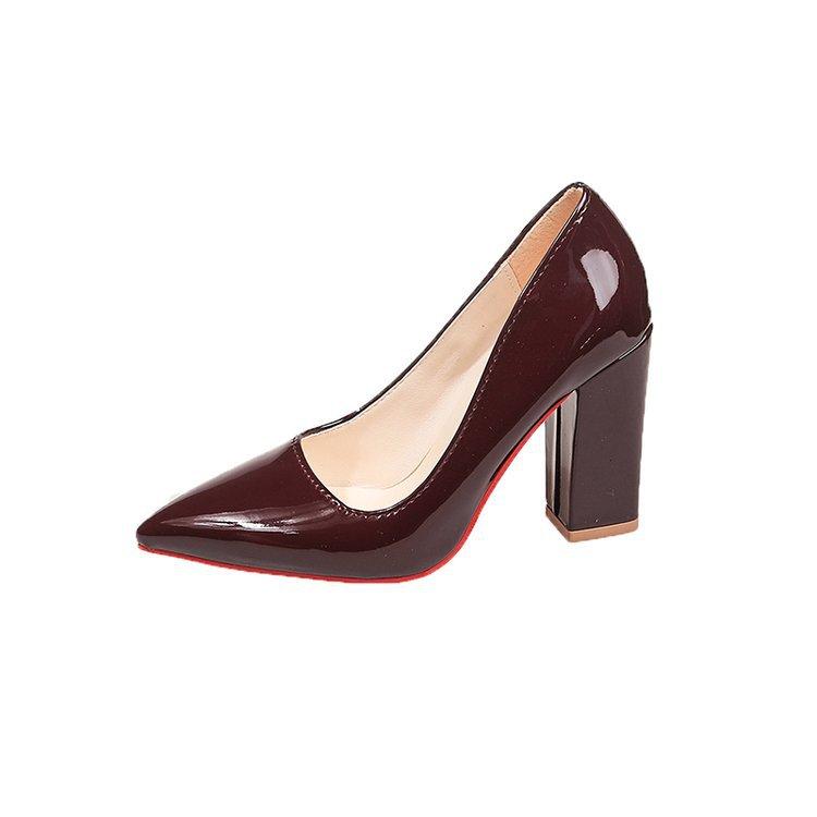 Glossy Patent Leather Versatile High Heels, Korean Style, All Seasons, Candy-colored Pointed Toe, Low-cut, Chunky Heel Women's Shoes