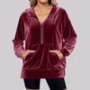 Damen Einfarbig Kapuzenpullover Locker Langärmlig Reißverschlusstasche Gold Samt Oberteil Sweatshirt