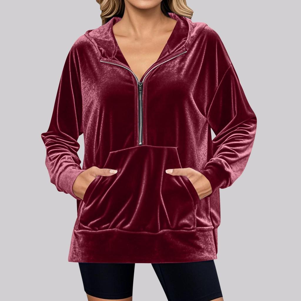 Damen Einfarbig Kapuzenpullover Locker Langärmlig Reißverschlusstasche Gold Samt Oberteil Sweatshirt