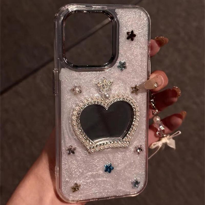 Rhinestone Pearl Crown Mirror Mobile Phone Case For Iphone17Promax Epoxy Apple 15 Stars Female