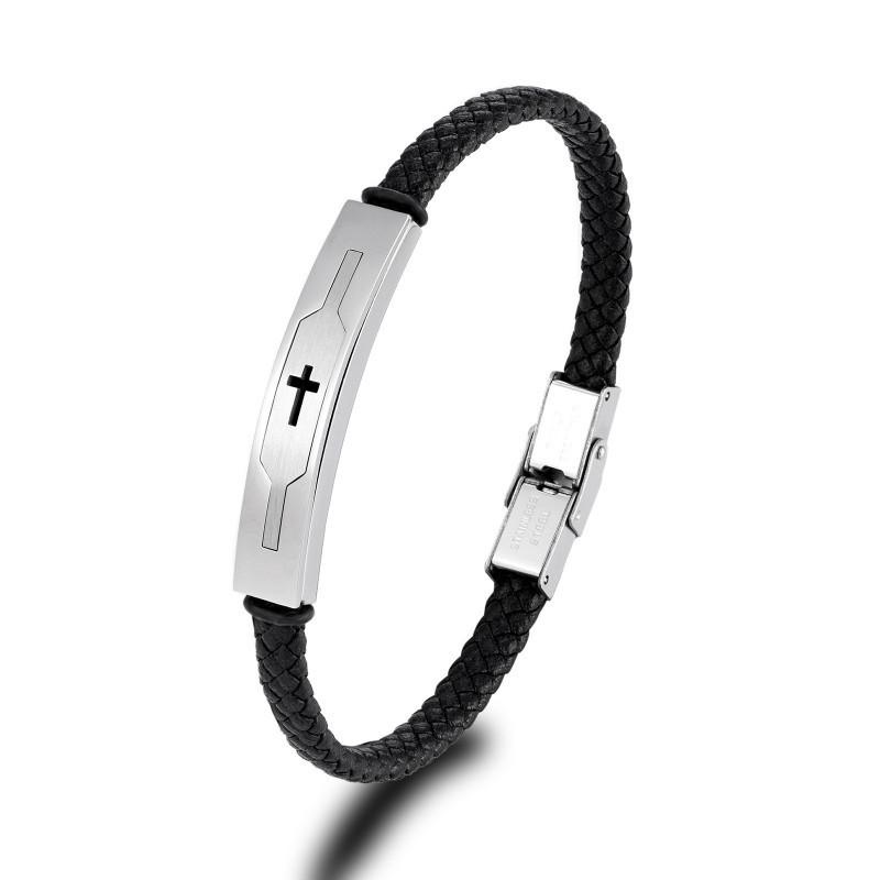 Trendy Cool Black Leather Rope Cross Bracelet Steel Contrasting Instagram Popular Style Niche Design Accessory