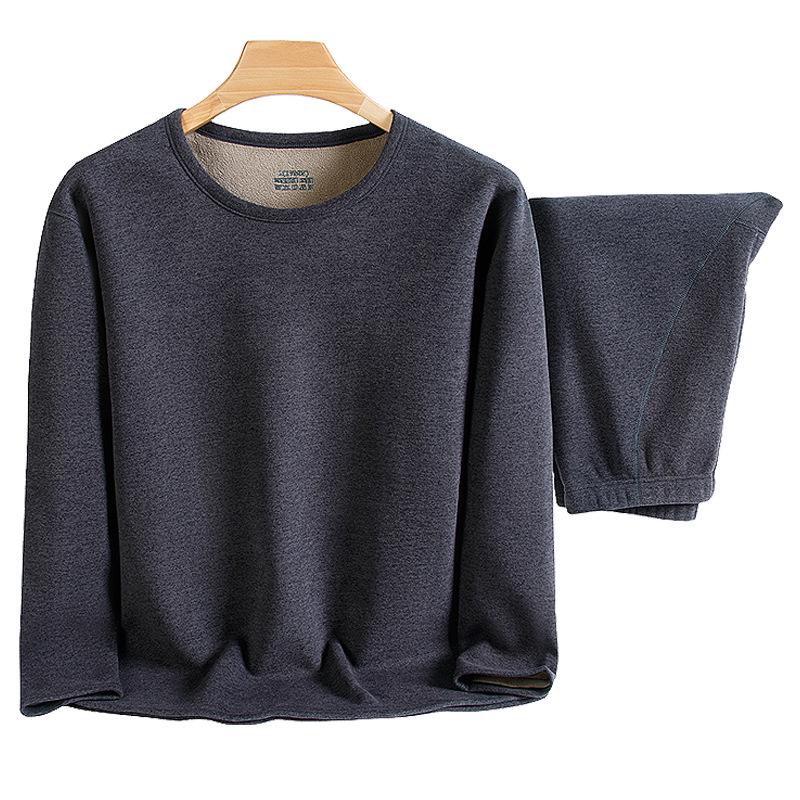 Conjunto de Roupa Íntima Térmica Masculina - Veludo Espessado, Gola Redonda, Cor Sólida, Camada Base de Lã de Cordeiro para Outono e Inverno.