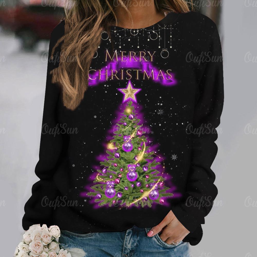 Christmas Tree Printed Women's T-Shirt Holiday Clothing For Ladies Autumn O-neck Loose Long Sleeve Tops Female Harajuku Pullover