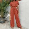 Elegant Women's Solid Color Two-Piece Set: Round Neck T-shirt & Waist-Cinching Straight Leg Pants.