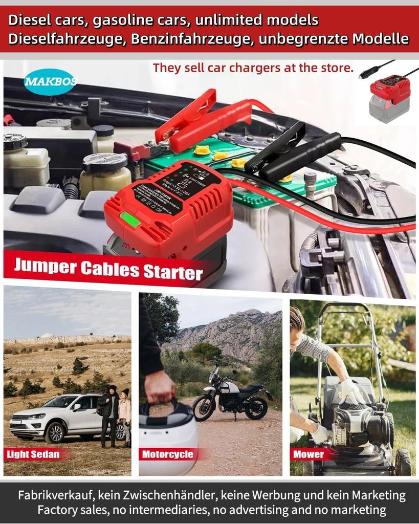 18V Battery Jumper Cables, 8 Gauge 6.5FT, 12V Portable Car Starter for 8.0L Gas/6.5L Engines (No Battery)