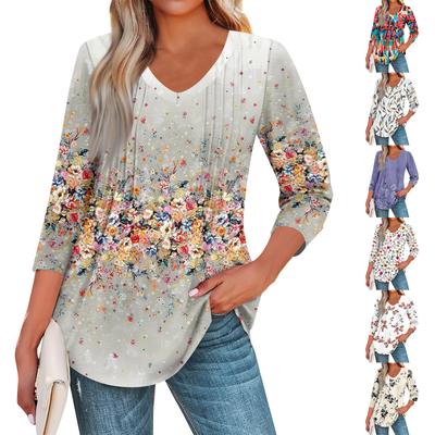 Damenmode Lässige 3/4-Ärmel-Oberteile Plissee-Modekleidung T-Shirt-Oberteile