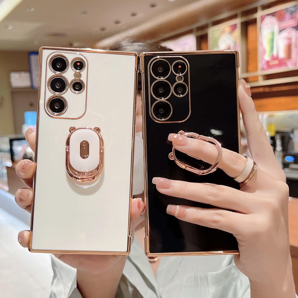 Suitable for Galaxy S23U mobile phone case electroplated bear Samsung S20FE Apple 17 bracket ring protective case