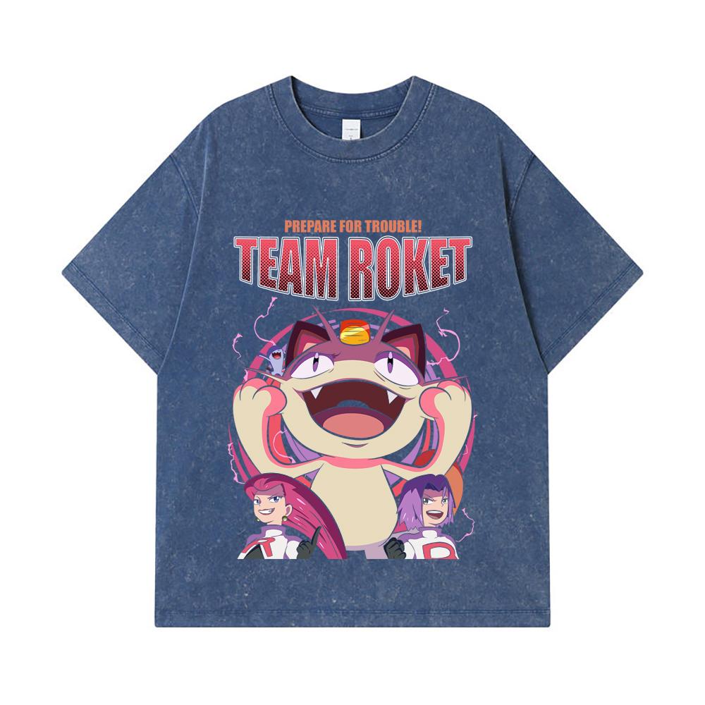 

275 GSM Washed T-shirts 100% Cotton Pokemon V8 Team Rocket Print Unisex Heavy Cotton T Shirt 2XL королівський синій колір