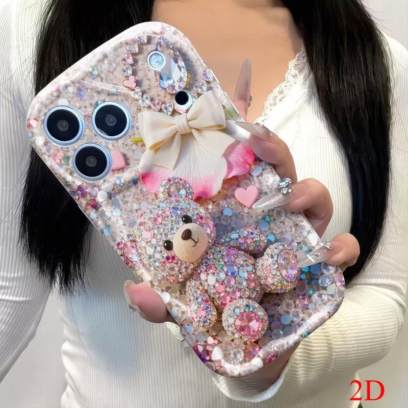 Cute Glittering Rhinestone Bear 2D Pattern Phone Case For iPhone 11 12 13 14 15 16 17 Pro Max 16e 17e 15 14 Plus Wavy-edge Cover