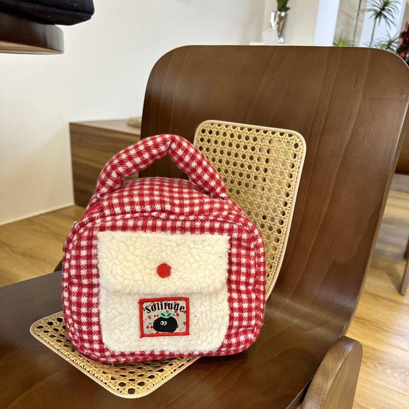 

Fashionable Vertical Square Makeup Tote Bag With Convenient Zippered Closure For Women Red Check Bag