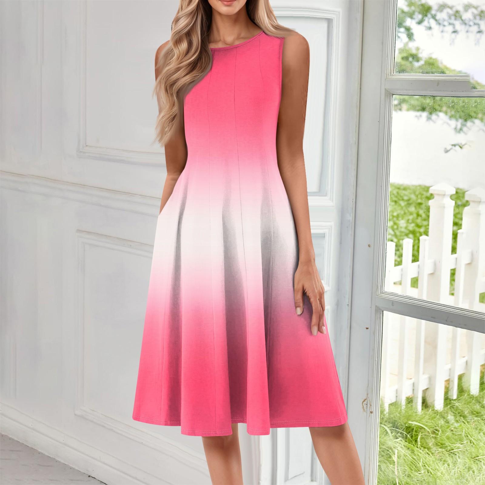 

Женское повседневное и модное платье средней длины с круглым вырезом без рукавов и принтом XL арбуз красный