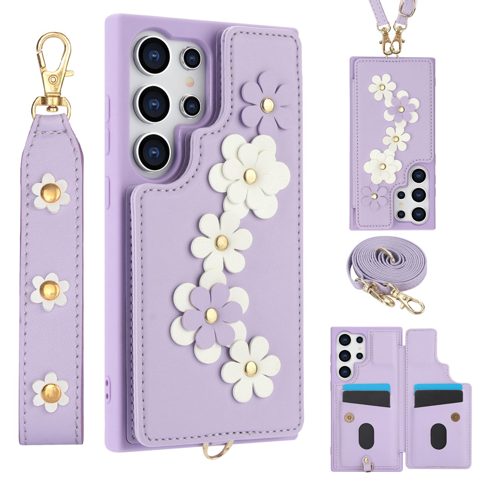 

SY-001 For Samsung Galaxy S25 Ultra Case Card Slots Leather Coated TPU Flower Phone Cover Purple