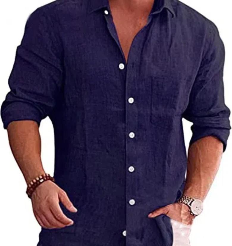 Herren Locker Übergröße Einfarbiges Hemd Leinen Revers Langärmliges Freizeithemd für Herren