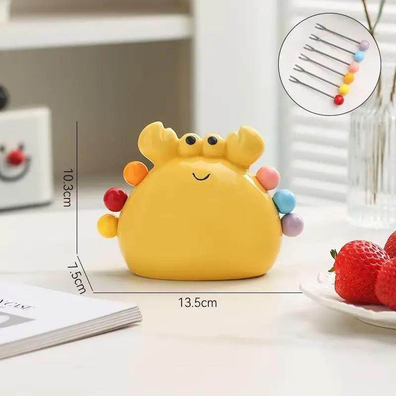 6pcs Cute Stainless Steel Dessert Fruit Forks Set with Ceramic Crab Shaped Storage Jar