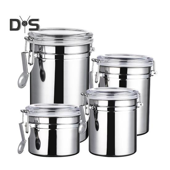 4ks Nerezová vzduchotěsná sada kanystrů Nádoba na potraviny Odolná proti vlhkosti Kuchyňská linka Organizér pro skladování cukru a mouky s průhledným víkem