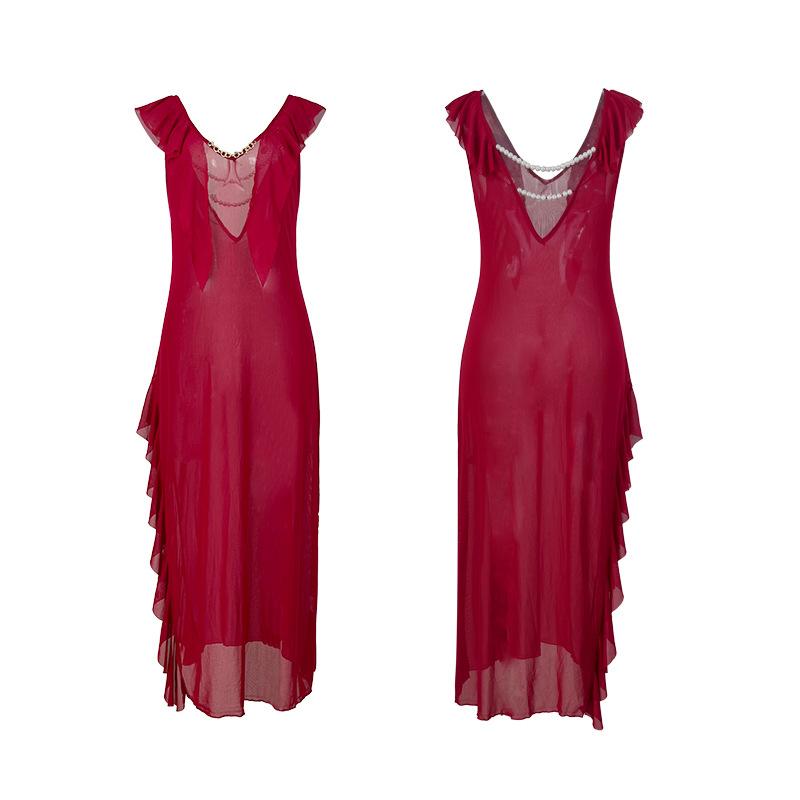 Mesh Long Ruffle Nightgown Backless Cami Pearl Decor Sexy Women's Comfortable Loungewear 885 Romantic Glamorous Sleepwear with Elegant Accents