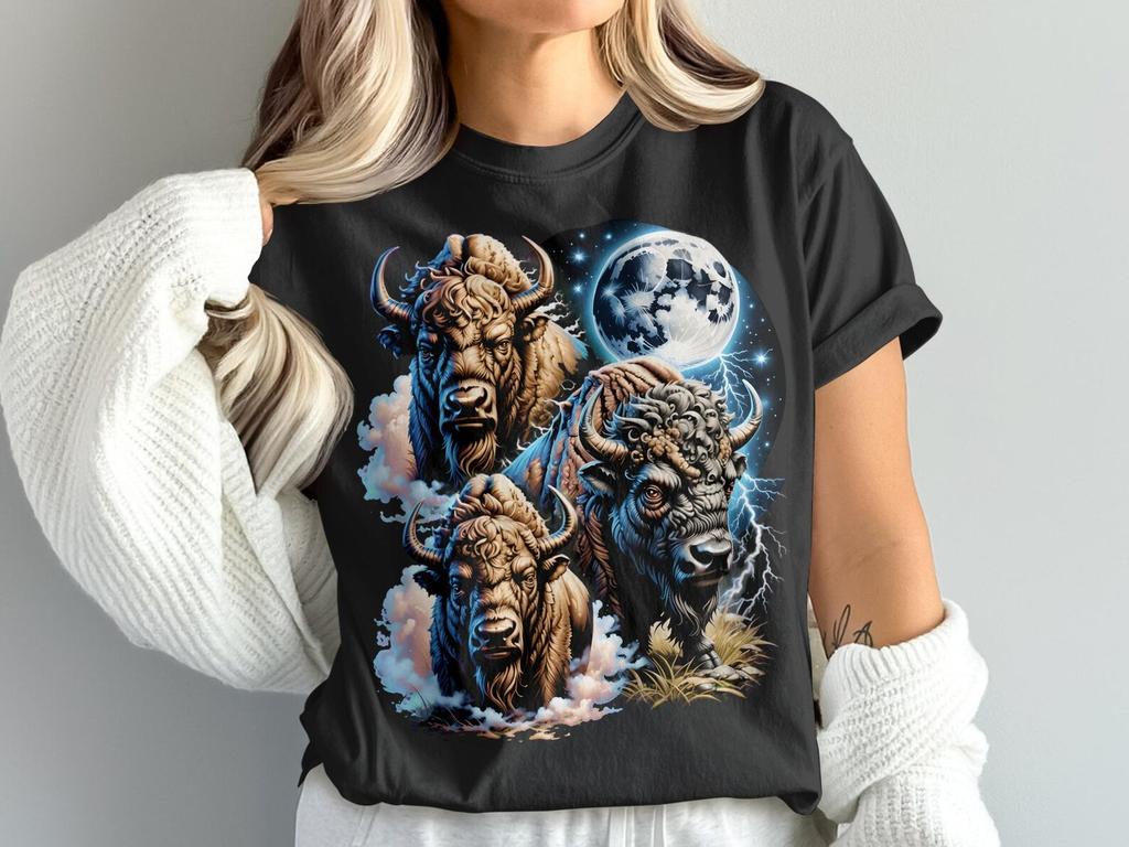 Majestic Bison T-Shirt, American Buffalo Wildlife Tee, Mystical Moon Animal Shirt, Cosmic Nature Design, Powerful Spirit Animal Gift