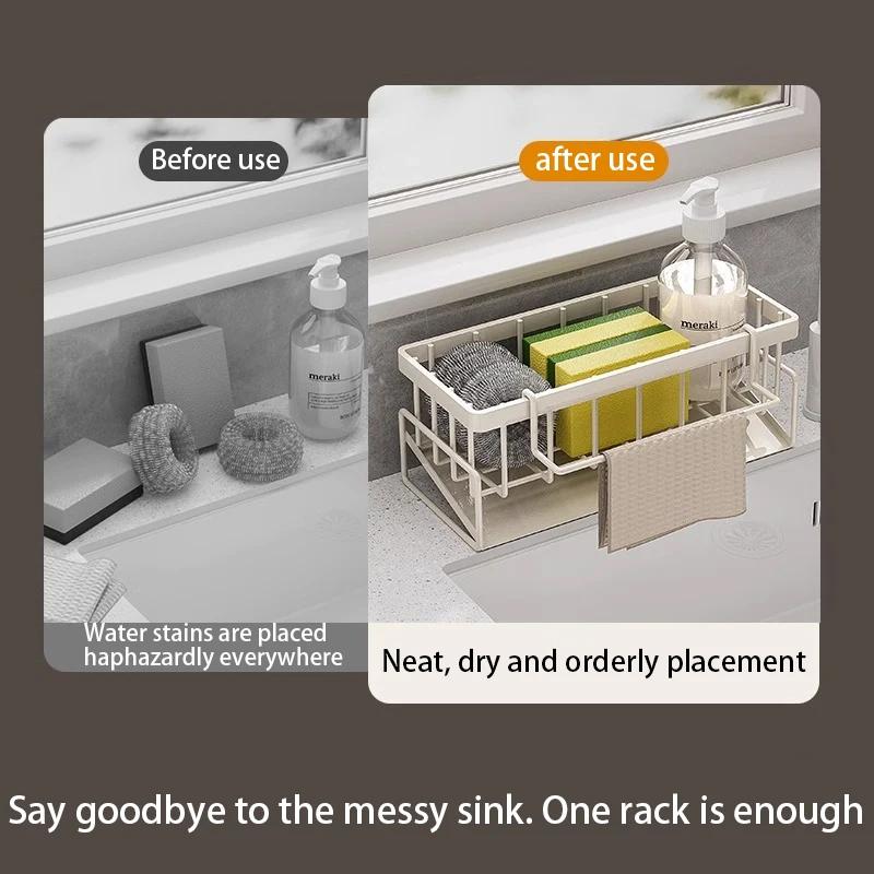 Black/White Kitchen Sink Cleaning Tool Storage Rack, Kitchen Stainless Steel Drainage Rack, Sponge Cleaner Storage Rack