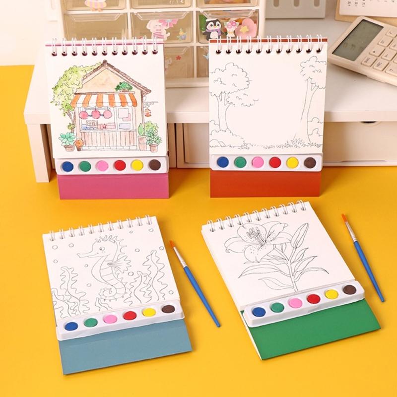 Kids Doodling Book with Watercolor Paint and Brush Twin Coil Binding Art Drawing Pad for Kid Beginner Outdoor Sketching