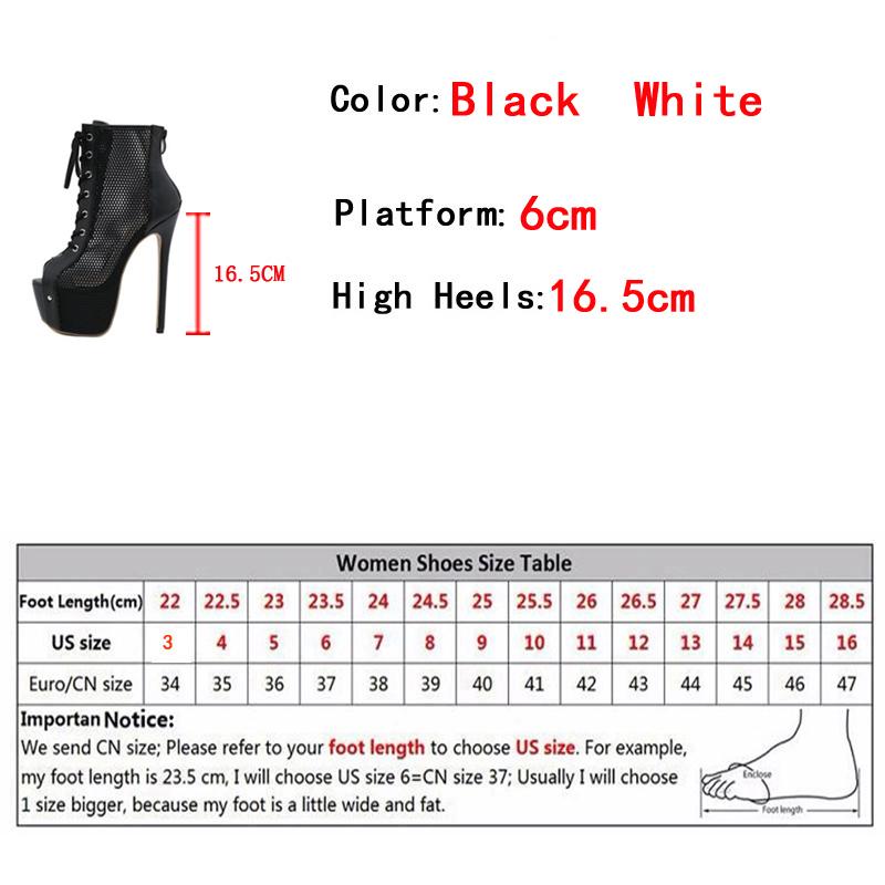 Sexy Mesh Peep Toe Party Club Stripper Pole Dance Platform Boots Fashion Zip Lace-Up Extreme High Heels Dancing Shoe Women