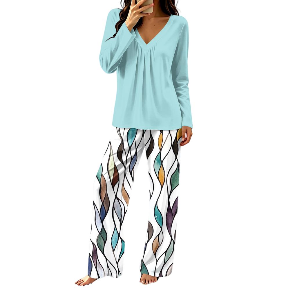 Women's V-Neck Loose Fit Printed Pajama Set with Pants Casual Sleepwear